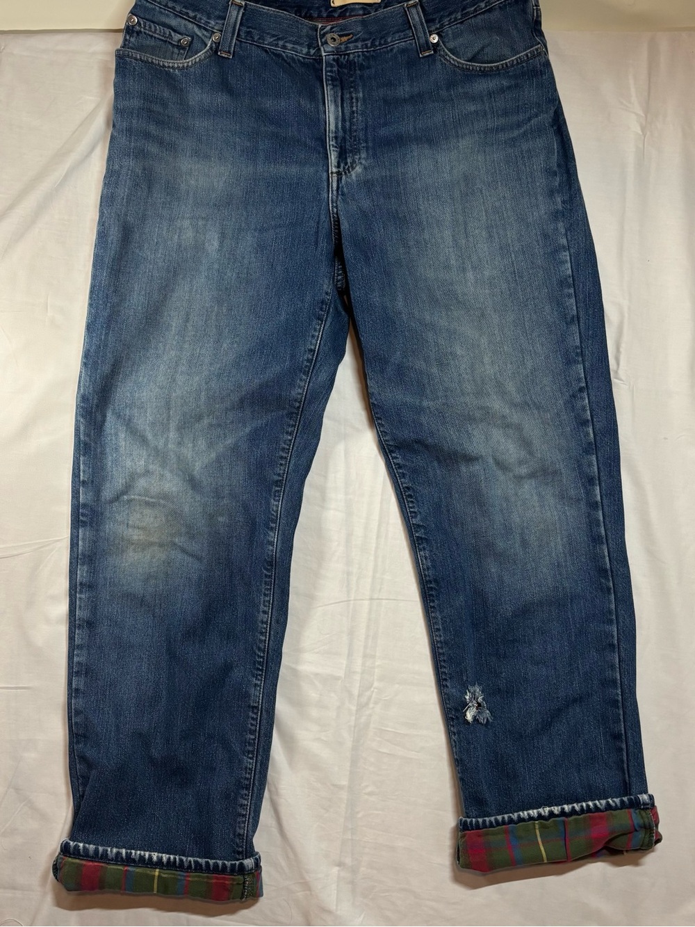 L.L.Bean Classic Fit Jeans Men’s 36x32 Plaid Flannel Lined Denim Distressed